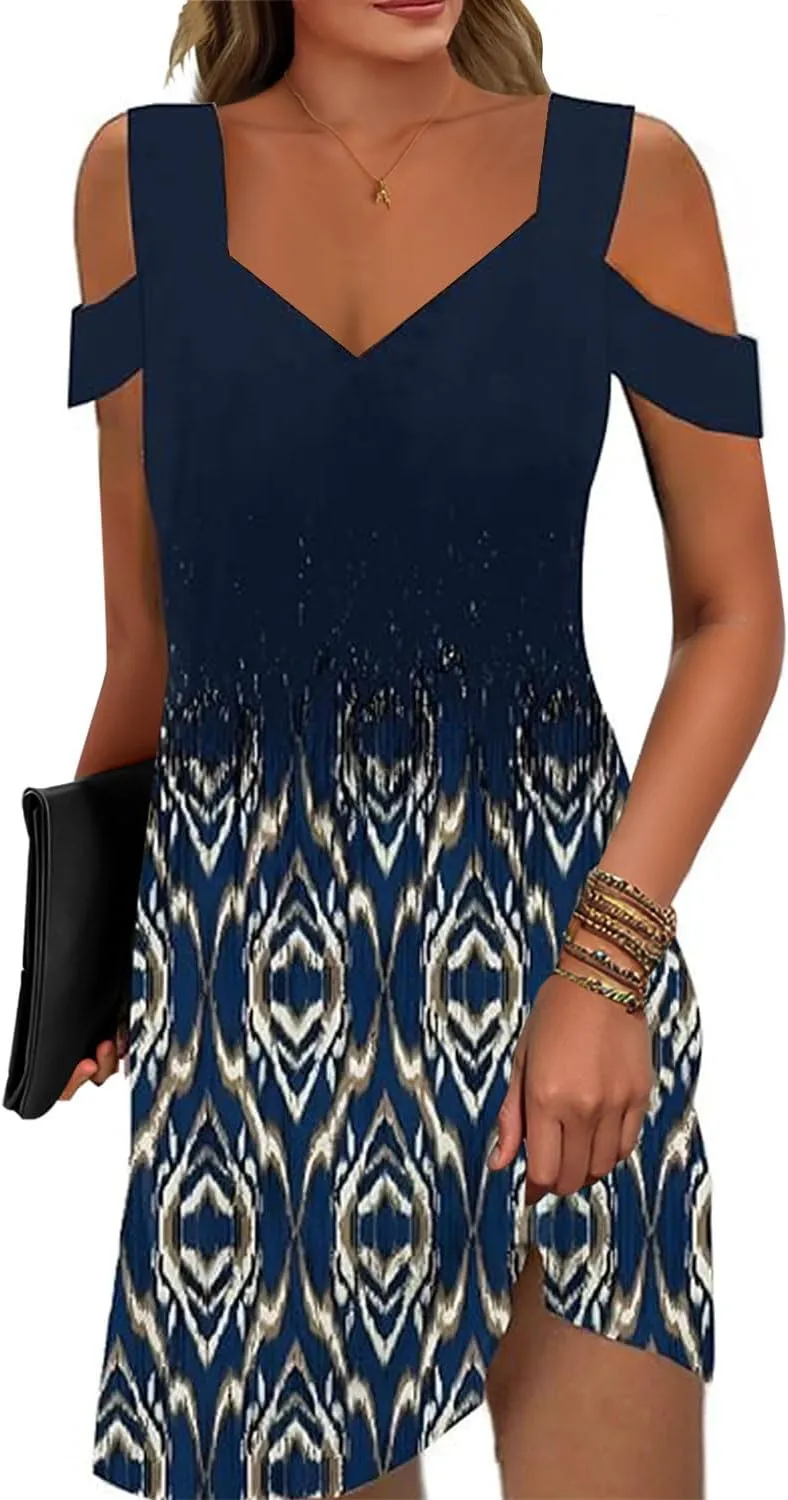 Soesdemo Womens Summer Dress Cold Shoulder V Neck Floral Printed 2025 Fashion Sundress with Pockets