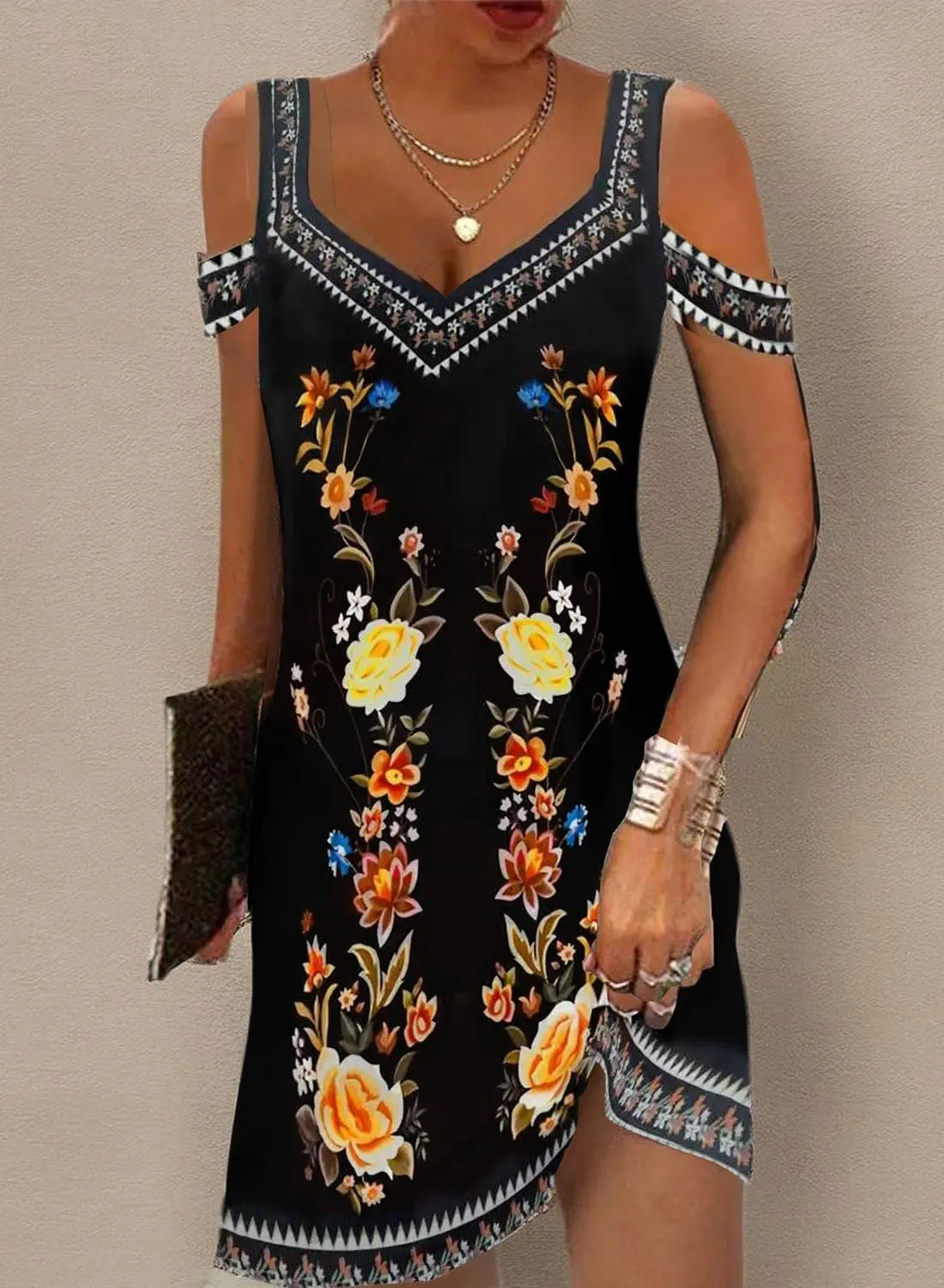 Soesdemo Womens Summer Dress Cold Shoulder V Neck Floral Printed 2025 Fashion Sundress with Pockets