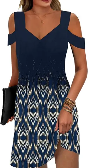 Soesdemo Womens Summer Dress Cold Shoulder V Neck Floral Printed 2025 Fashion Sundress with Pockets