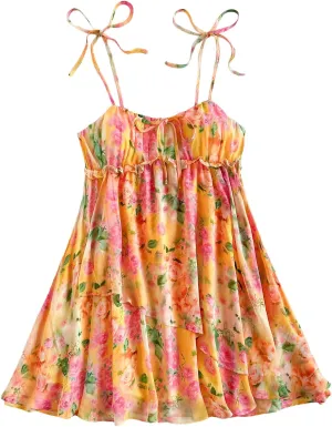 SOLY HUX Women's Boho Floral Print Mini Dress Tie Shoulder Spaghetti Strap Ruffle Hem Flowy Cami Dresses Sundress