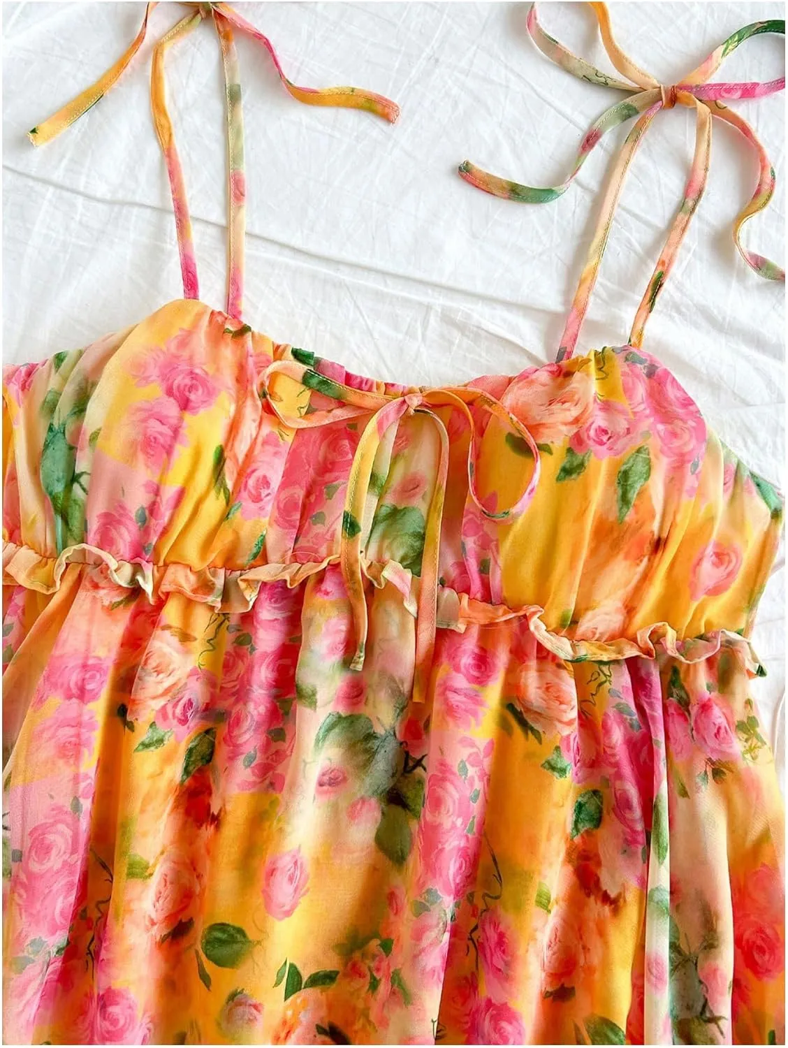SOLY HUX Women's Boho Floral Print Mini Dress Tie Shoulder Spaghetti Strap Ruffle Hem Flowy Cami Dresses Sundress