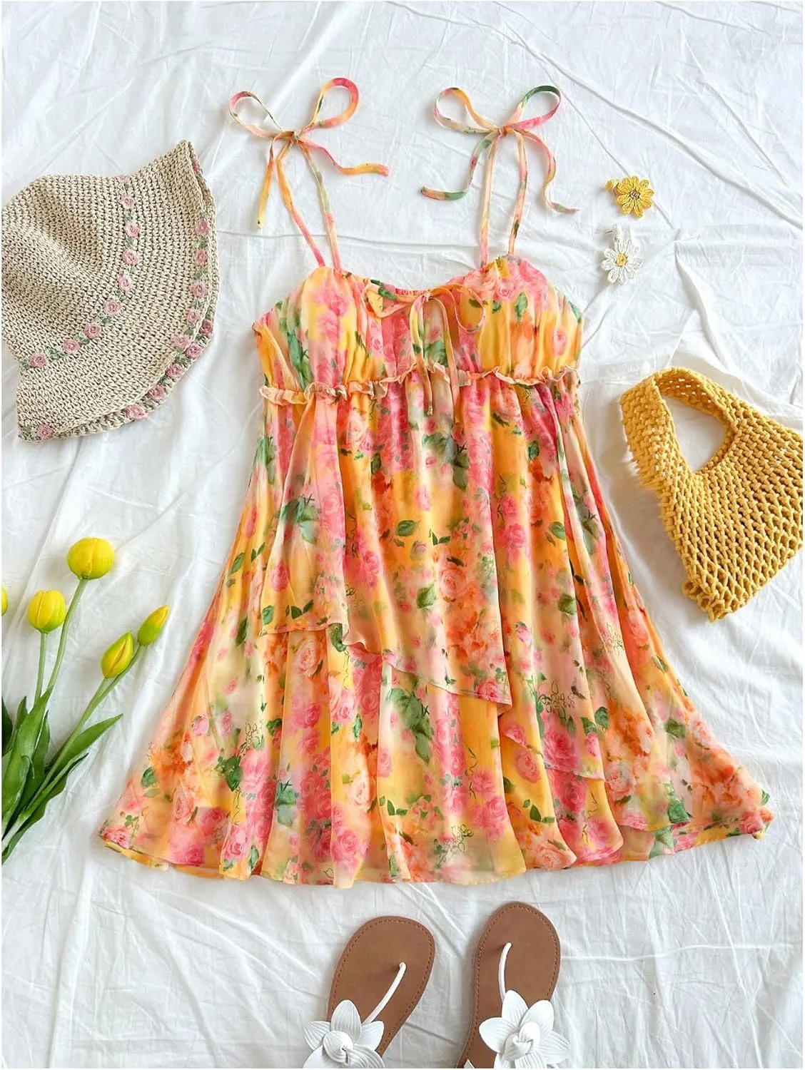SOLY HUX Women's Boho Floral Print Mini Dress Tie Shoulder Spaghetti Strap Ruffle Hem Flowy Cami Dresses Sundress