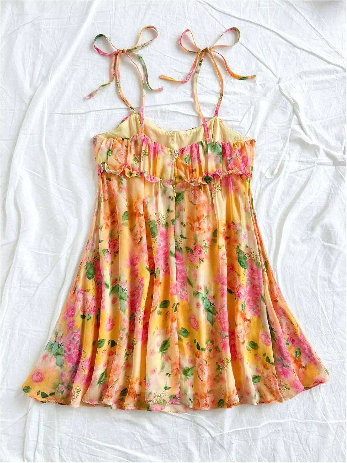 SOLY HUX Women's Boho Floral Print Mini Dress Tie Shoulder Spaghetti Strap Ruffle Hem Flowy Cami Dresses Sundress