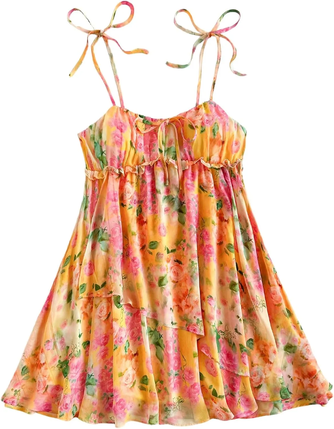 SOLY HUX Women's Boho Floral Print Mini Dress Tie Shoulder Spaghetti Strap Ruffle Hem Flowy Cami Dresses Sundress