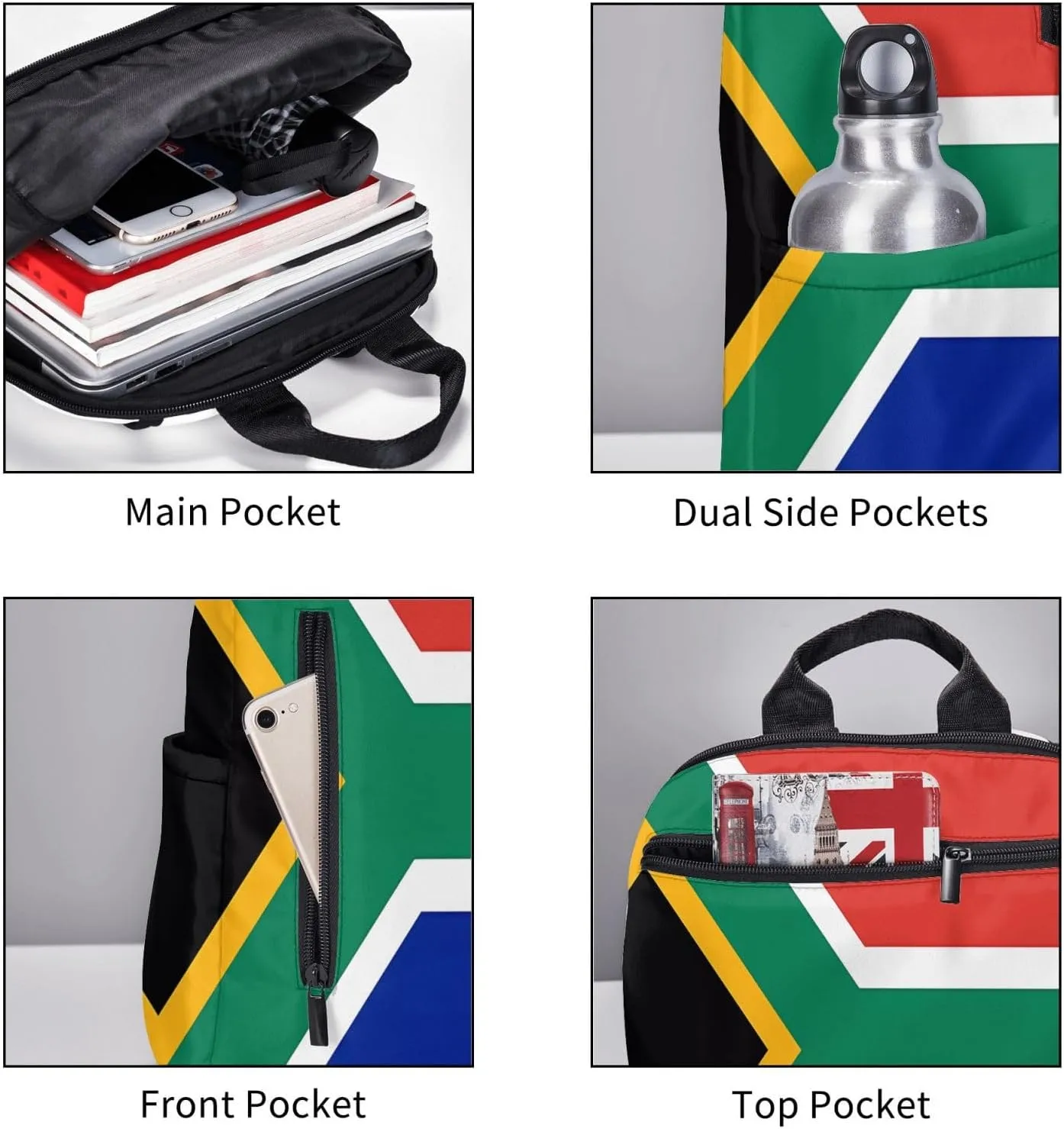 South African Flag Casual Laptop Backpack Travel Rucksack Sports Daypack Adjustable Strap Bags with Multi-Pockets for Working Running Camping