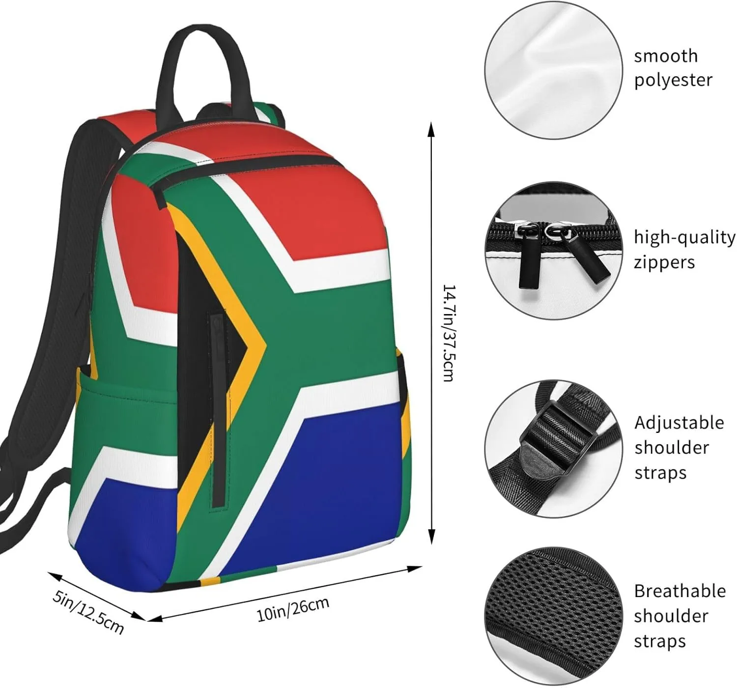 South African Flag Casual Laptop Backpack Travel Rucksack Sports Daypack Adjustable Strap Bags with Multi-Pockets for Working Running Camping