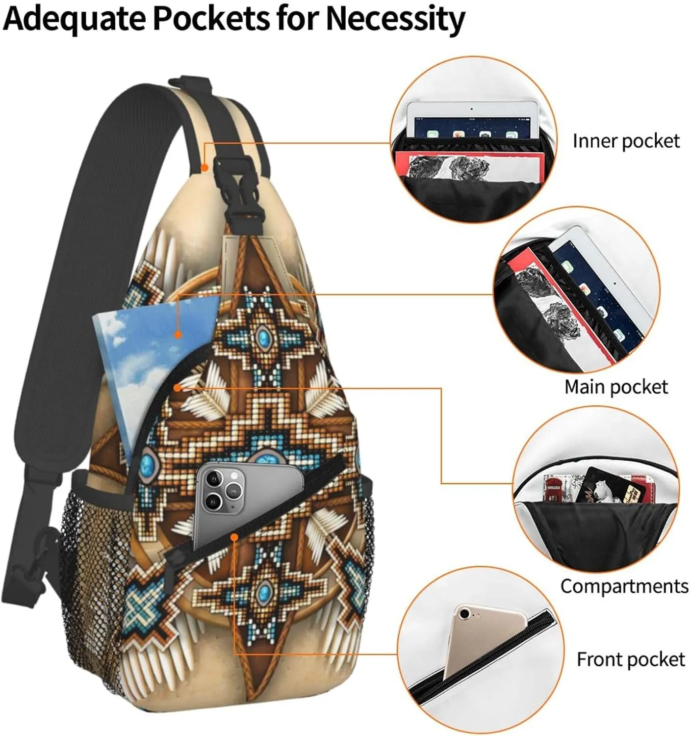 Southwest Native American Indian Aztec Beaded Owlcrossbody Bag, Adjustable Shoulder Strap Chest Bag, Sports Travel, Running, Leisure Waist Bag