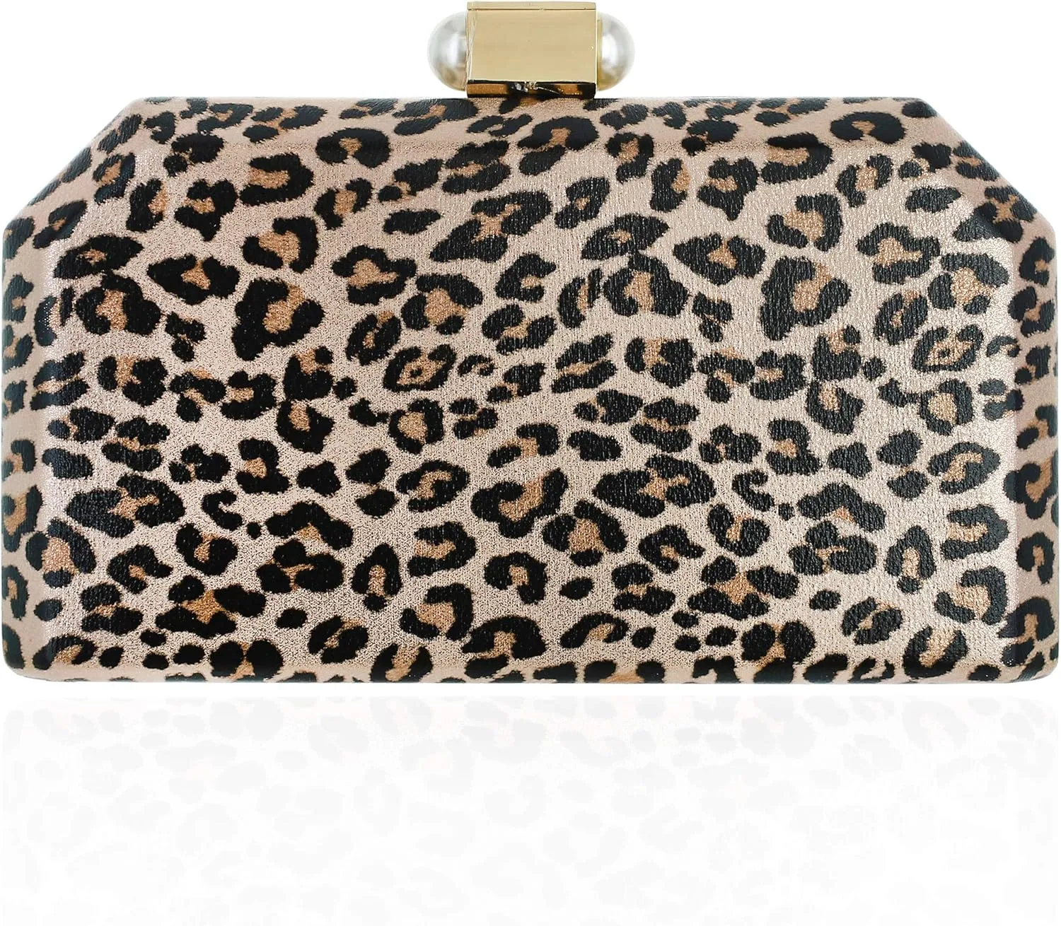 SP Sophia Collection Women's Structured Shimmer Leopard Clutch Chain Strap Crossbody Bag with Pearl Closure for Parties