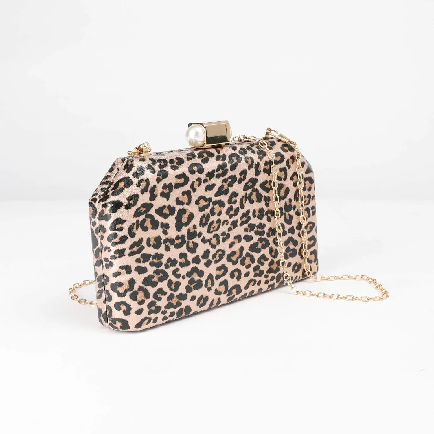SP Sophia Collection Women's Structured Shimmer Leopard Clutch Chain Strap Crossbody Bag with Pearl Closure for Parties