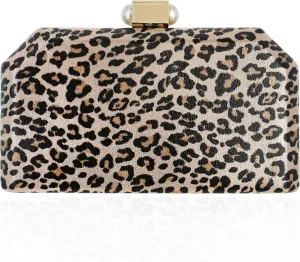 SP Sophia Collection Women's Structured Shimmer Leopard Clutch Chain Strap Crossbody Bag with Pearl Closure for Parties