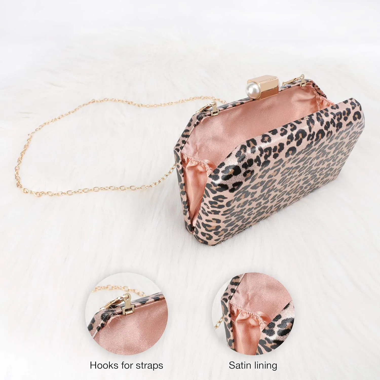 SP Sophia Collection Women's Structured Shimmer Leopard Clutch Chain Strap Crossbody Bag with Pearl Closure for Parties