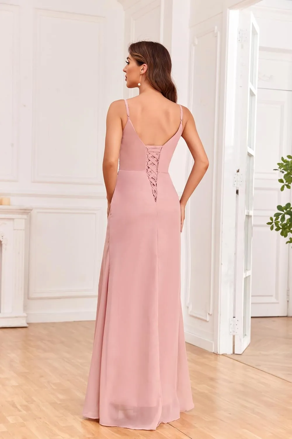 Spaghetti Straps Chiffon Bridesmaid Dresses for Women Sheath Ruched Long Formal Party Dress with Slit