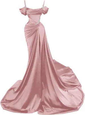 Spaghetti Straps Mermaid Slit Prom Dresses 2024 Beaded Long Satin Formal Evening Gowns for Women