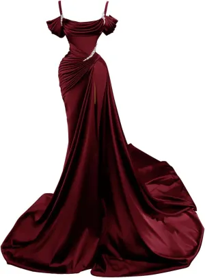 Spaghetti Straps Mermaid Slit Prom Dresses 2024 Beaded Long Satin Formal Evening Gowns for Women