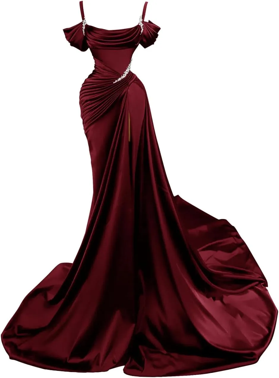 Spaghetti Straps Mermaid Slit Prom Dresses 2024 Beaded Long Satin Formal Evening Gowns for Women