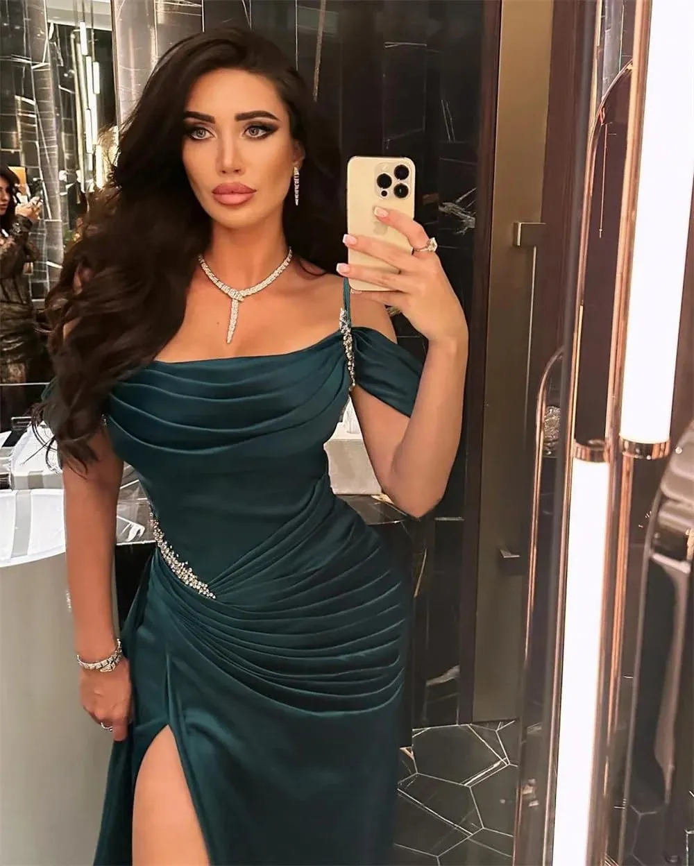 Spaghetti Straps Mermaid Slit Prom Dresses 2024 Beaded Long Satin Formal Evening Gowns for Women
