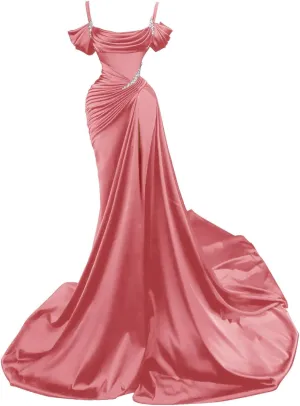 Spaghetti Straps Mermaid Slit Prom Dresses 2024 Beaded Long Satin Formal Evening Gowns for Women