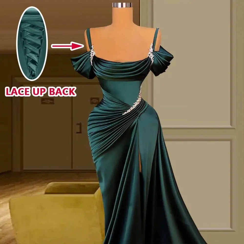 Spaghetti Straps Mermaid Slit Prom Dresses 2024 Beaded Long Satin Formal Evening Gowns for Women