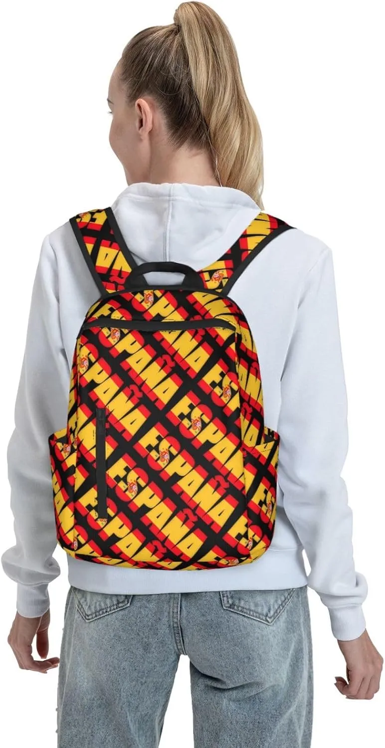 Spain Spanish Espana Flag Casual Laptop Backpack Travel Rucksack Sports Daypack Adjustable Strap Bags with Multi-Pockets for Working Running Camping