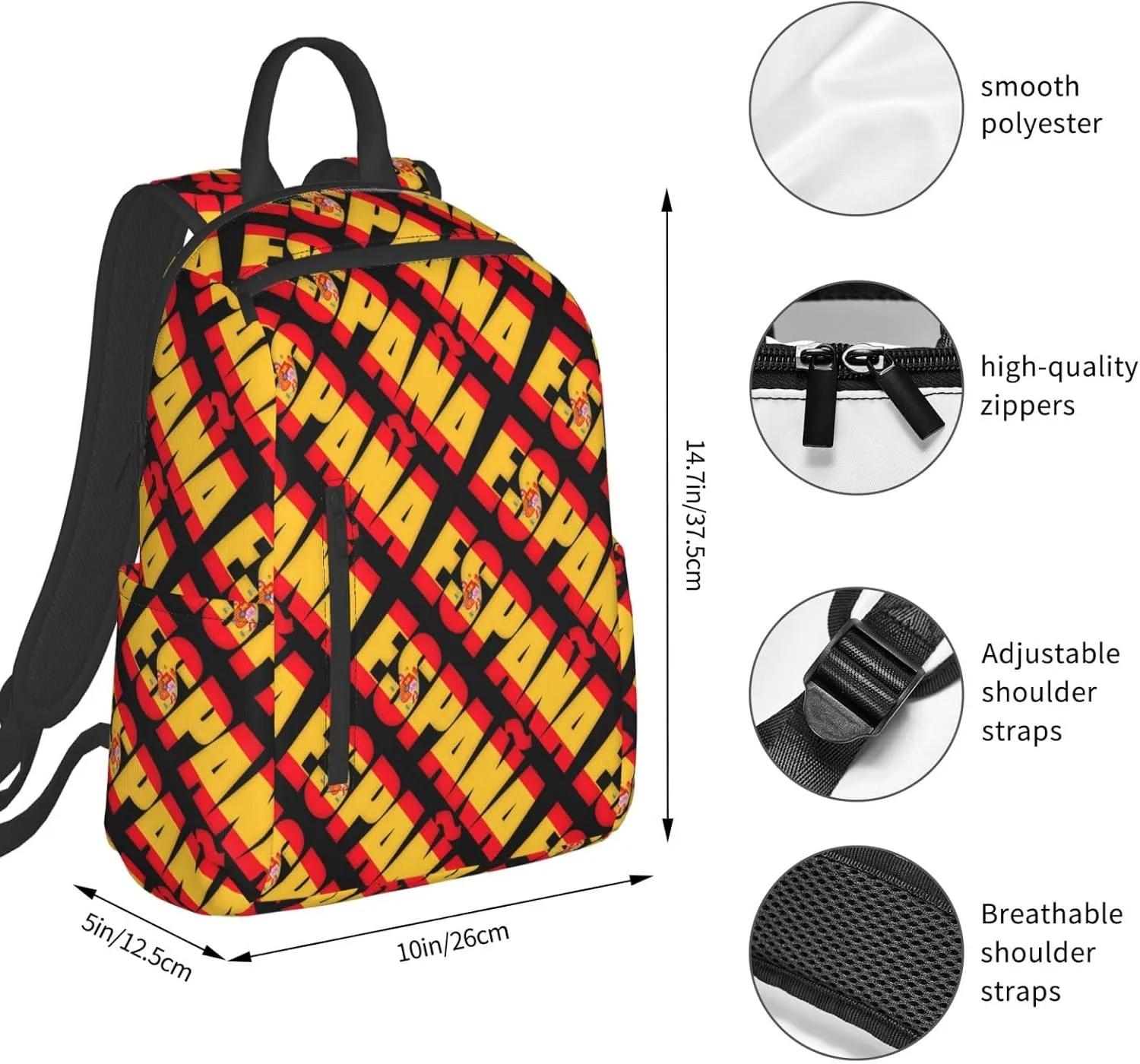 Spain Spanish Espana Flag Casual Laptop Backpack Travel Rucksack Sports Daypack Adjustable Strap Bags with Multi-Pockets for Working Running Camping