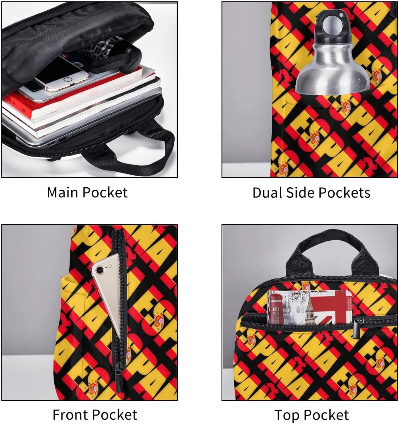 Spain Spanish Espana Flag Casual Laptop Backpack Travel Rucksack Sports Daypack Adjustable Strap Bags with Multi-Pockets for Working Running Camping