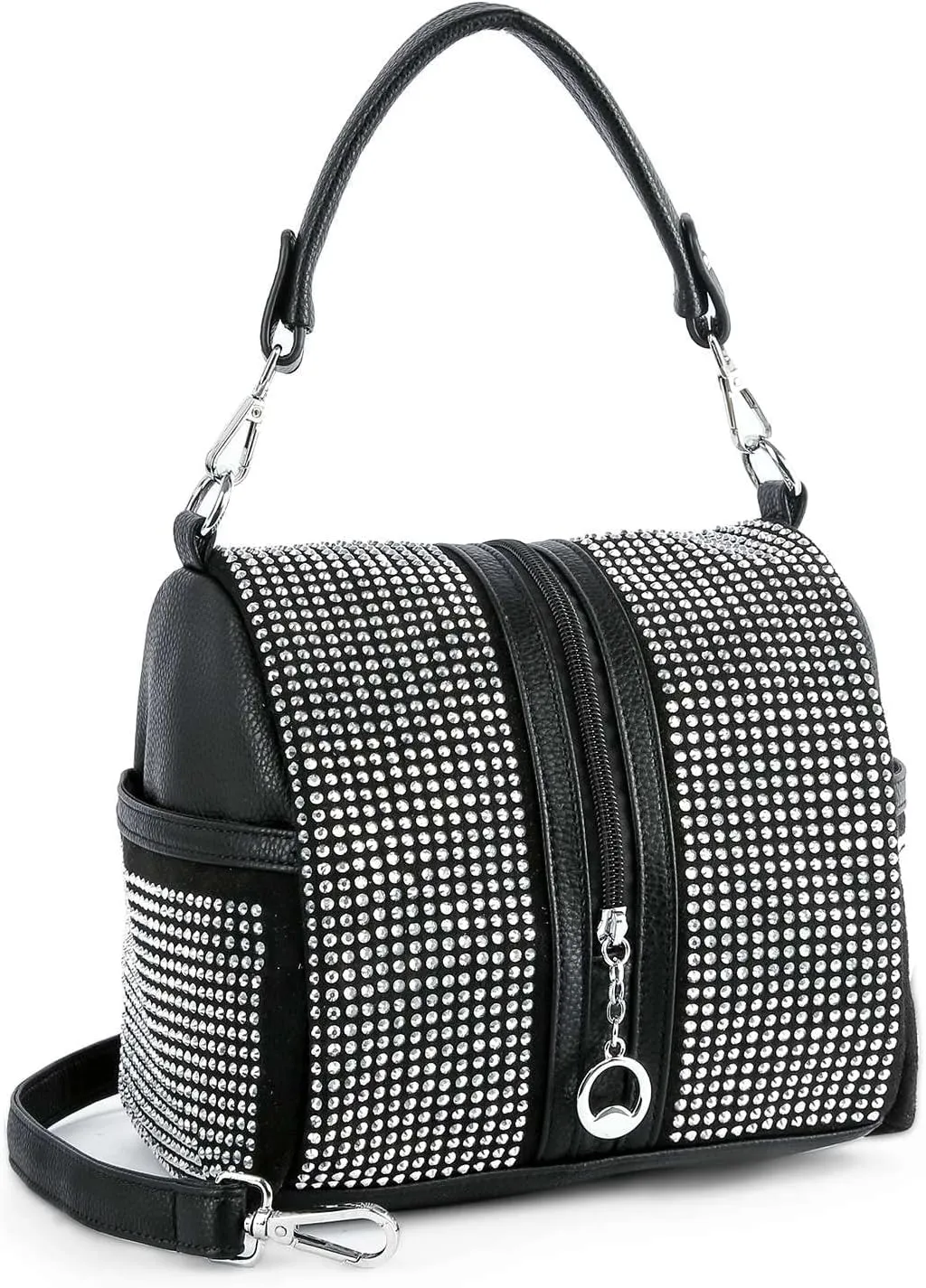 Sparkle and Shine: Women's Rhinestone Crossbody Satchel Shoulder Barrel Handbag Purse Vertical Zip Closure Bag