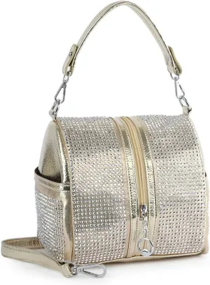 Sparkle and Shine: Women's Rhinestone Crossbody Satchel Shoulder Barrel Handbag Purse Vertical Zip Closure Bag