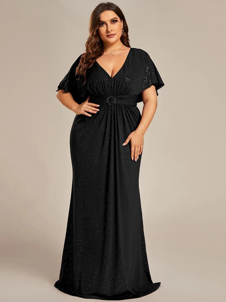 Sparkly Deep V Neck Pleated Plus Size Evening Dresses With Belt