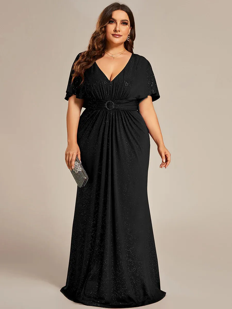 Sparkly Deep V Neck Pleated Plus Size Evening Dresses With Belt