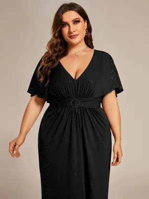 Sparkly Deep V Neck Pleated Plus Size Evening Dresses With Belt
