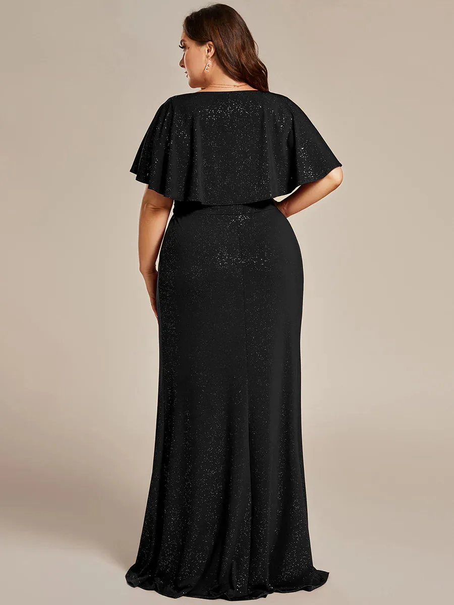 Sparkly Deep V Neck Pleated Plus Size Evening Dresses With Belt