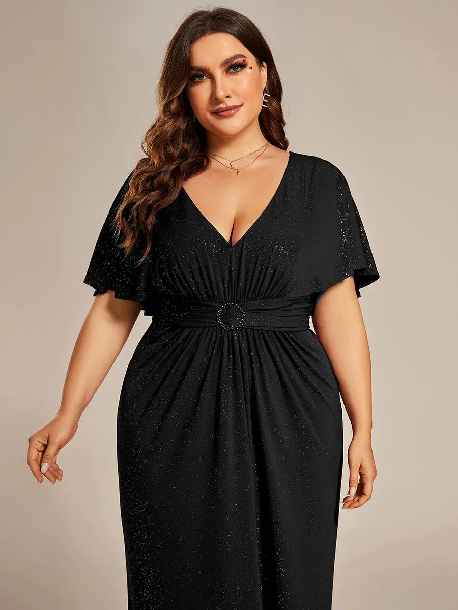 Sparkly Deep V Neck Pleated Plus Size Evening Dresses With Belt