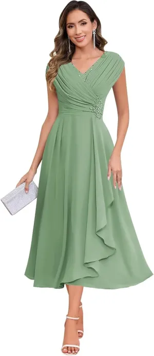 Sparkly Floral Mother of The Bride Dresses for Women Chiffon Ruffled Cap Sleeve Short Formal Wedding Guest Dress