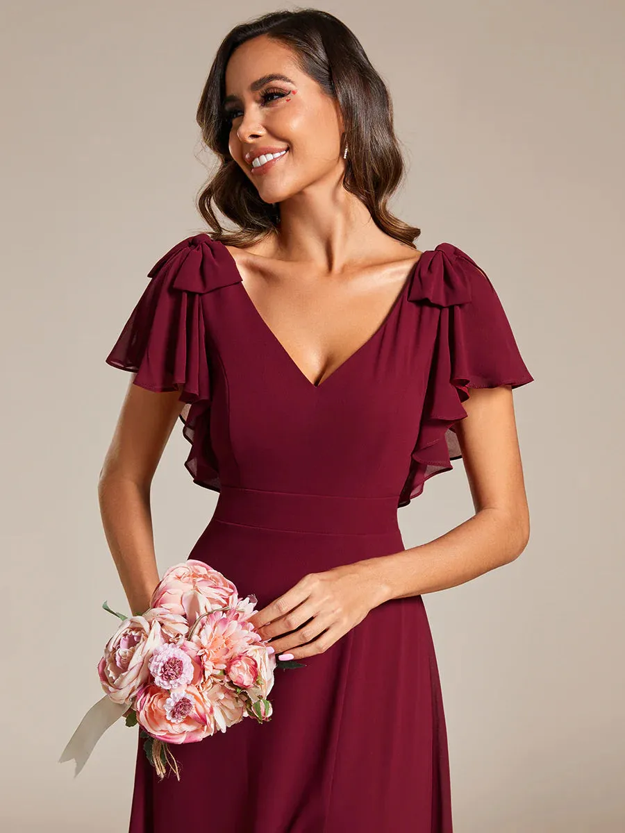 Split Ruffles Sleeves with Bowknot V-neck Chiffon Evening Dress