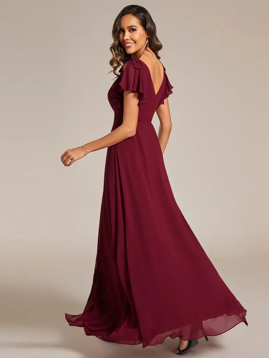 Split Ruffles Sleeves with Bowknot V-neck Chiffon Evening Dress