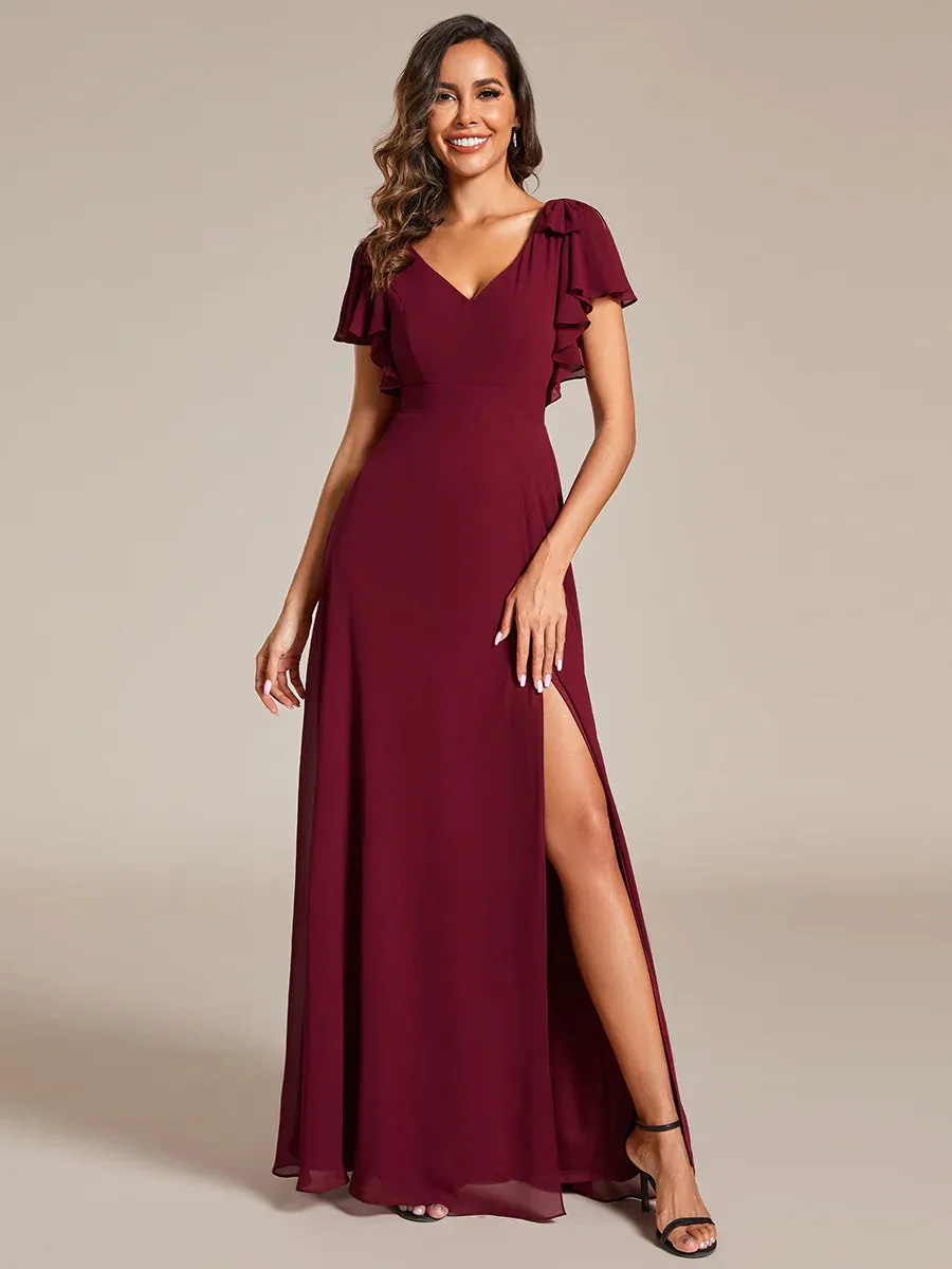 Split Ruffles Sleeves with Bowknot V-neck Chiffon Evening Dress