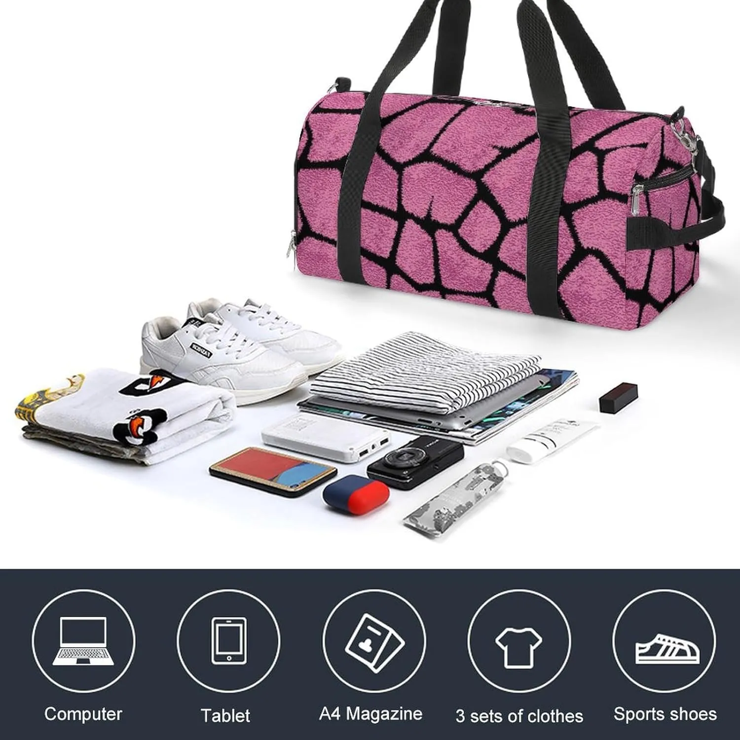 Sport Gym Duffel with Shoe Compartment Wet Pocket, Animal-prints-metallic-pink1 Shoulder Travel Bag for Women Men