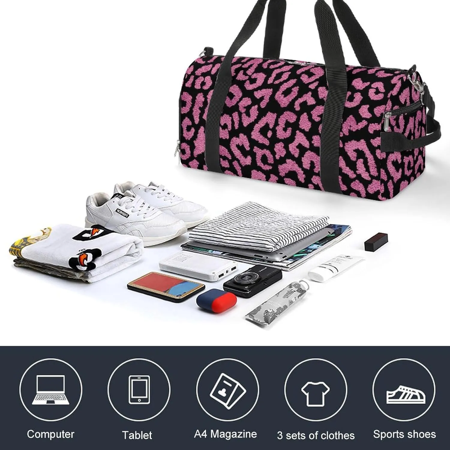 Sport Gym Duffel with Shoe Compartment Wet Pocket, Animal-prints-metallic-pink3 Shoulder Travel Bag for Women Men, style-1