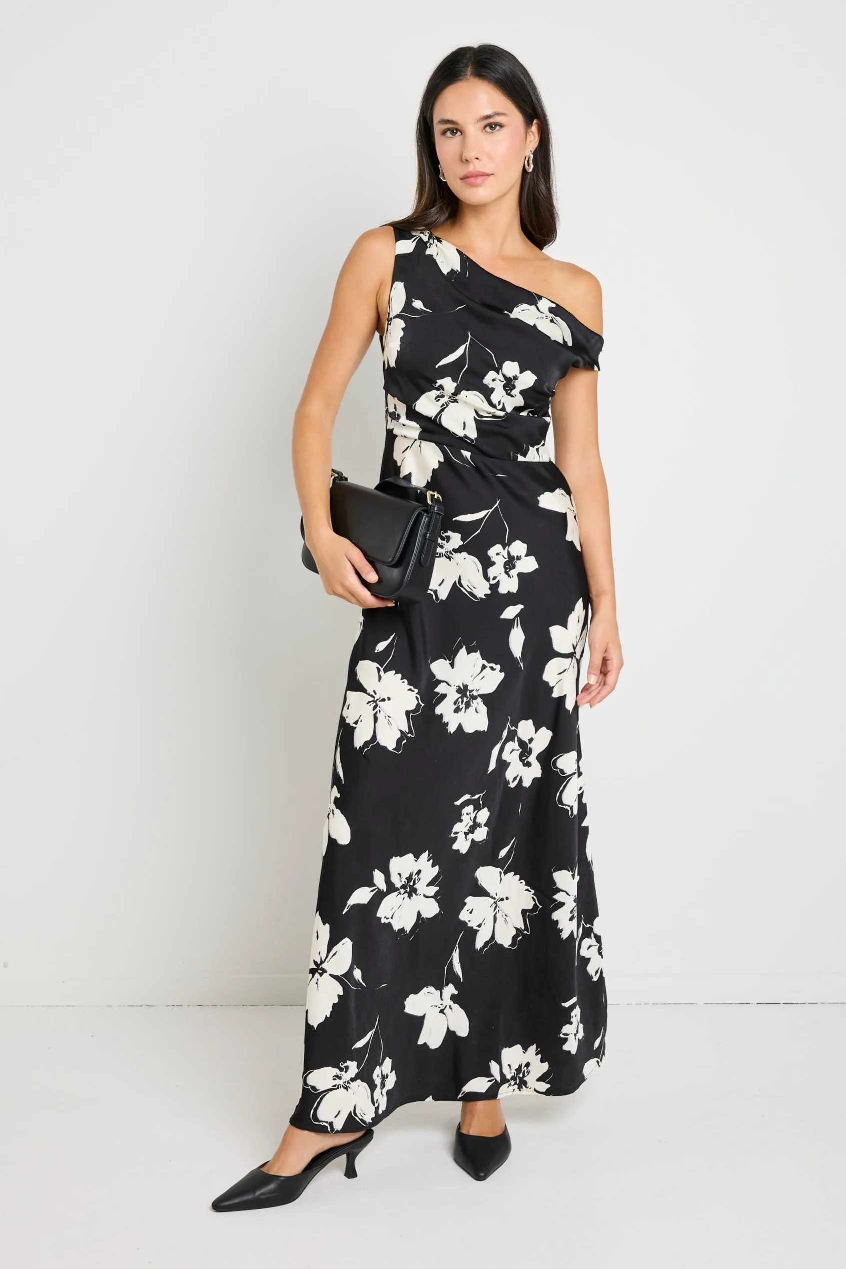 Spotlight Black Floral Satin Off Shoulder Flare Midi Dress