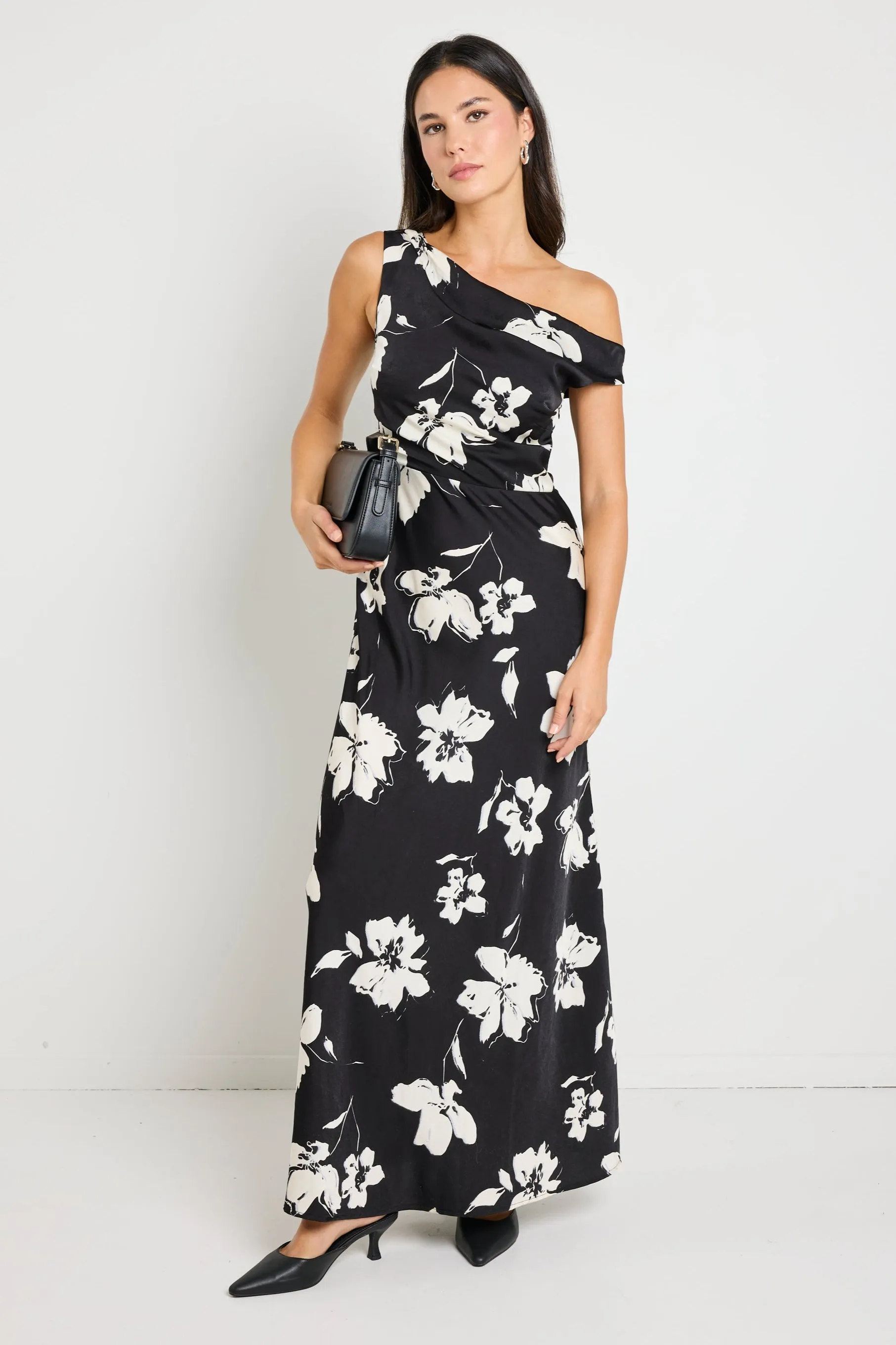 Spotlight Black Floral Satin Off Shoulder Flare Midi Dress