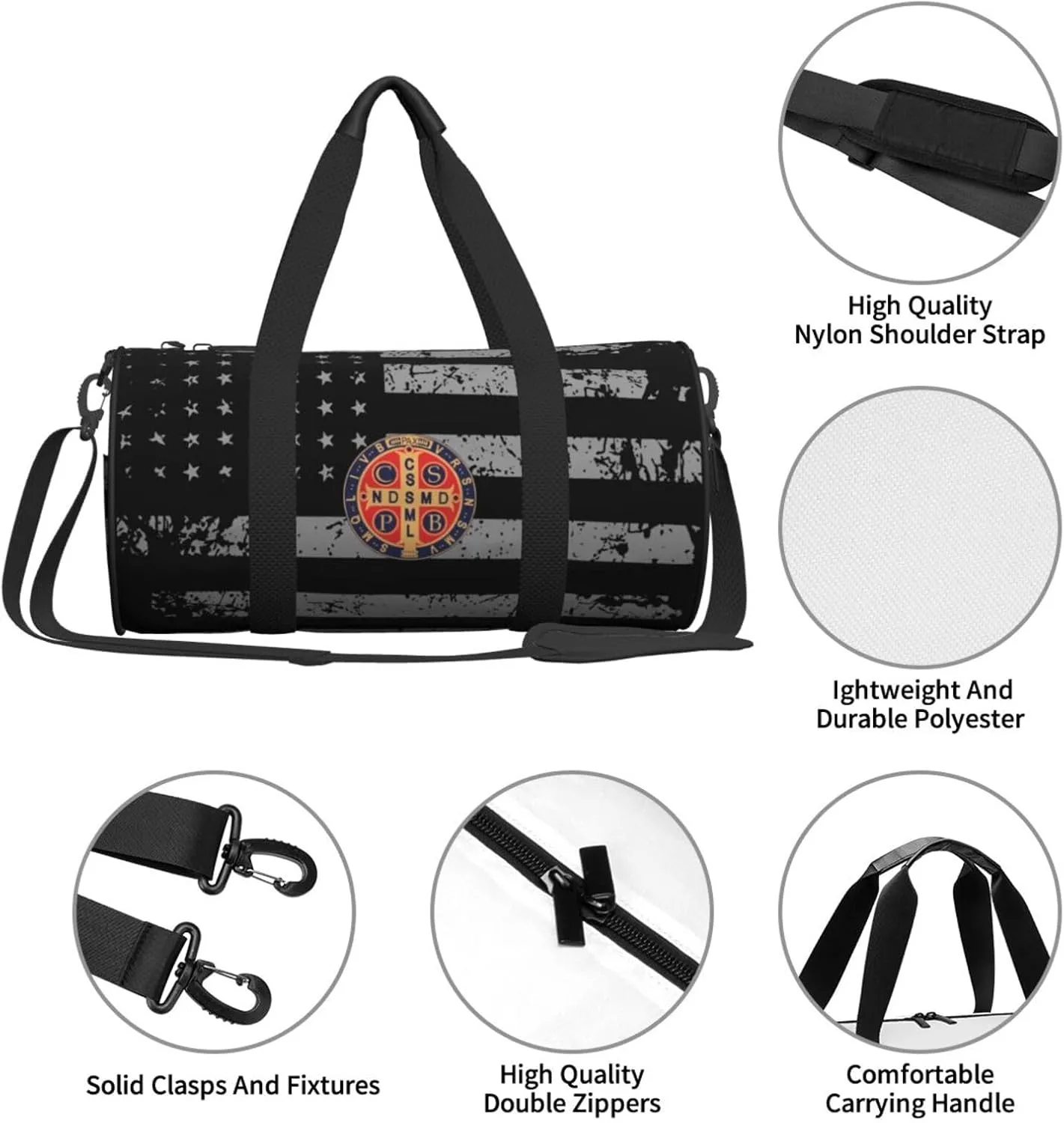 St Benedict Medal Holy Cross Logo Travel Luggage Duffel Bag Sports Rolling Foldable Duffel Bag, Black
