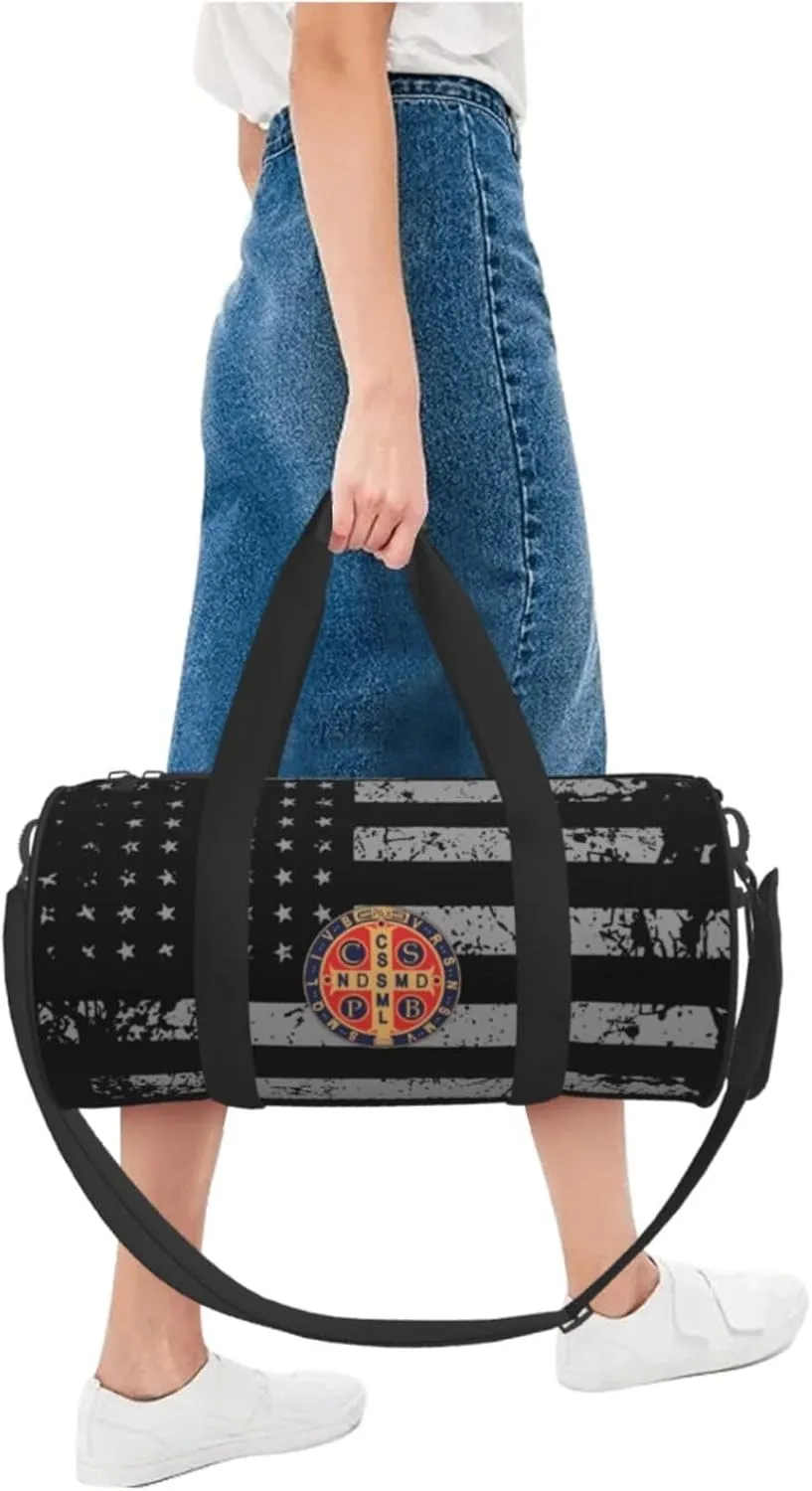 St Benedict Medal Holy Cross Logo Travel Luggage Duffel Bag Sports Rolling Foldable Duffel Bag, Black