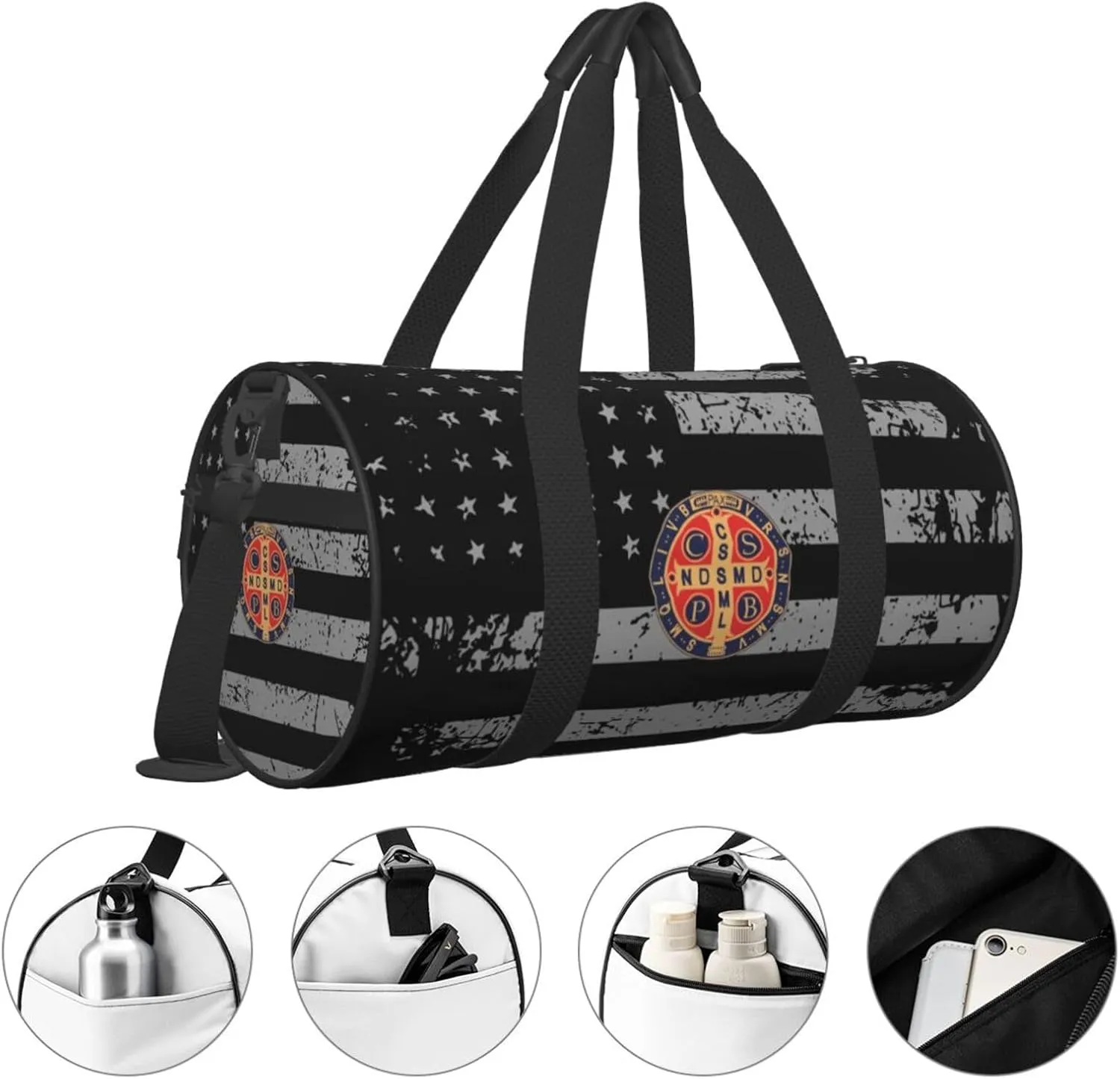 St Benedict Medal Holy Cross Logo Travel Luggage Duffel Bag Sports Rolling Foldable Duffel Bag, Black