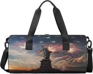 Statue Liberty Sports Gym Bag Star Fireworks Shoulder Travel Bag for Men Women Swim Sports Camping Weekend Overnight Tote Bag Lightweight Easy