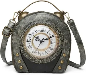 SteamPunk Handbags Women Real Working Clock Antique Shoulder Bag Pu Leather Retro Vintage Evening Cross Body Messenger Bag