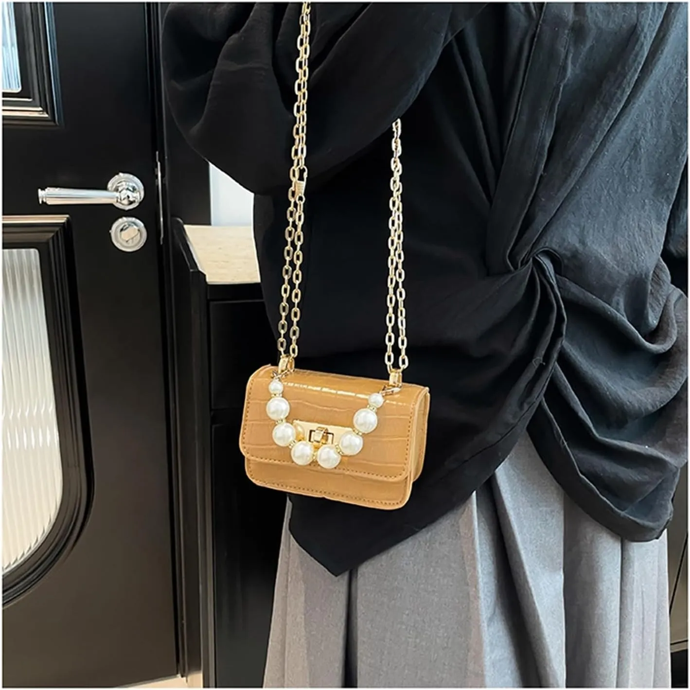 Stone Print Handbag With Chain Shoulder Bag