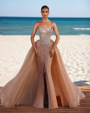 Strapless champagne evening dress with overskirt SS360