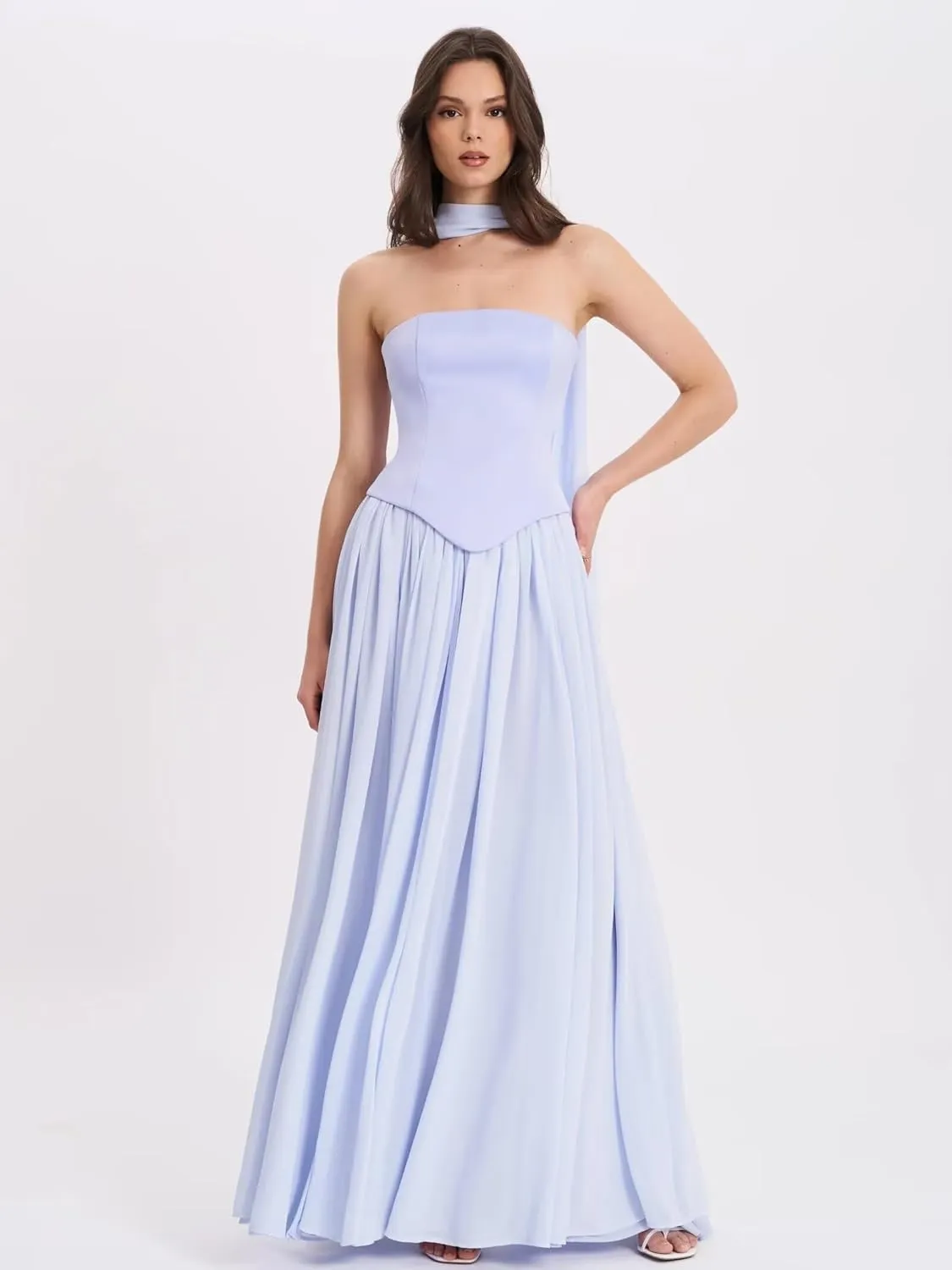 Strapless Chiffon Bridesmaid Dresses Long with Scarf 2025 Satin Pleated Prom Dress with Slit RO309