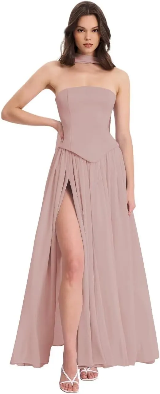 Strapless Chiffon Bridesmaid Dresses Long with Scarf 2025 Satin Pleated Prom Dress with Slit RO309