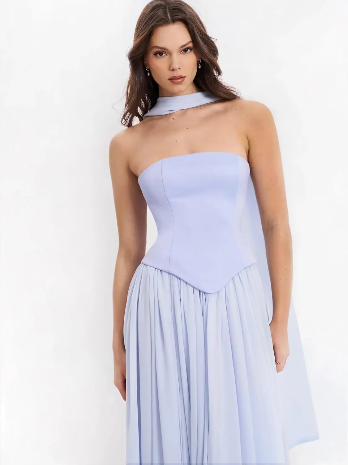 Strapless Chiffon Bridesmaid Dresses Long with Scarf 2025 Satin Pleated Prom Dress with Slit RO309